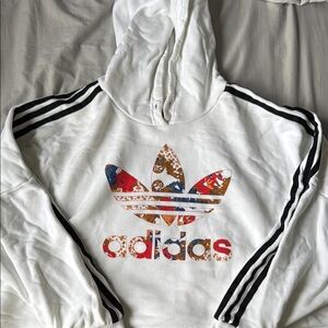 Adidas Cropped White Hoodie with Multicolor Floral Logo